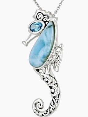 Natural Larimar & Blue Topaz Pendant & Necklace Sterling Silver Rhodium Overlay